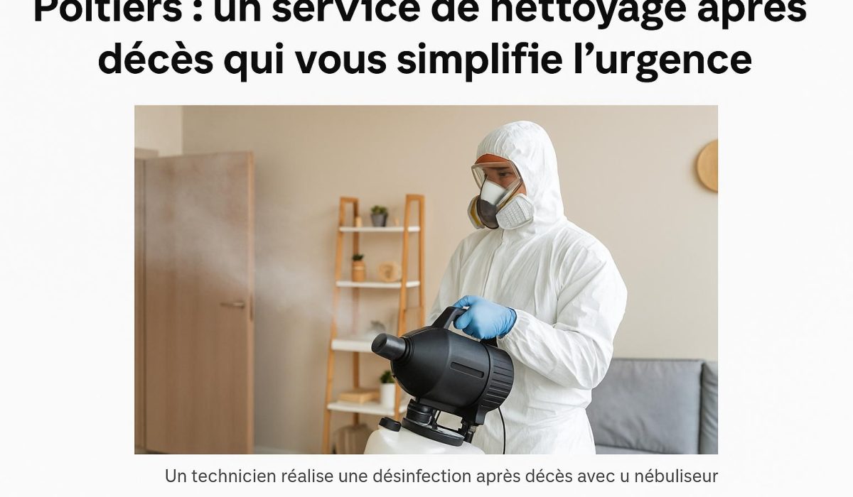 Technicien en combinaison réalisant une nébulisation après décès dans un appartement à Poitiers