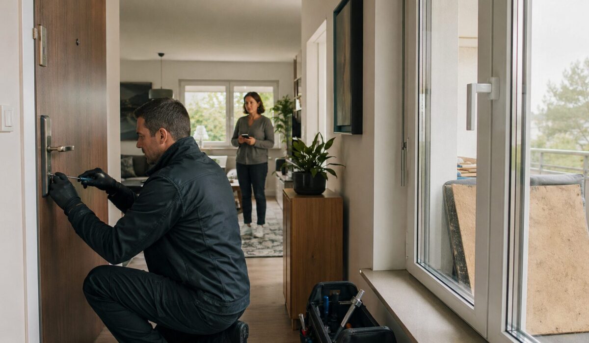 Serrurier sécurisant une intervention dans un appartement avec porte bloquée, fenêtre fermée et accès balcon obstrué