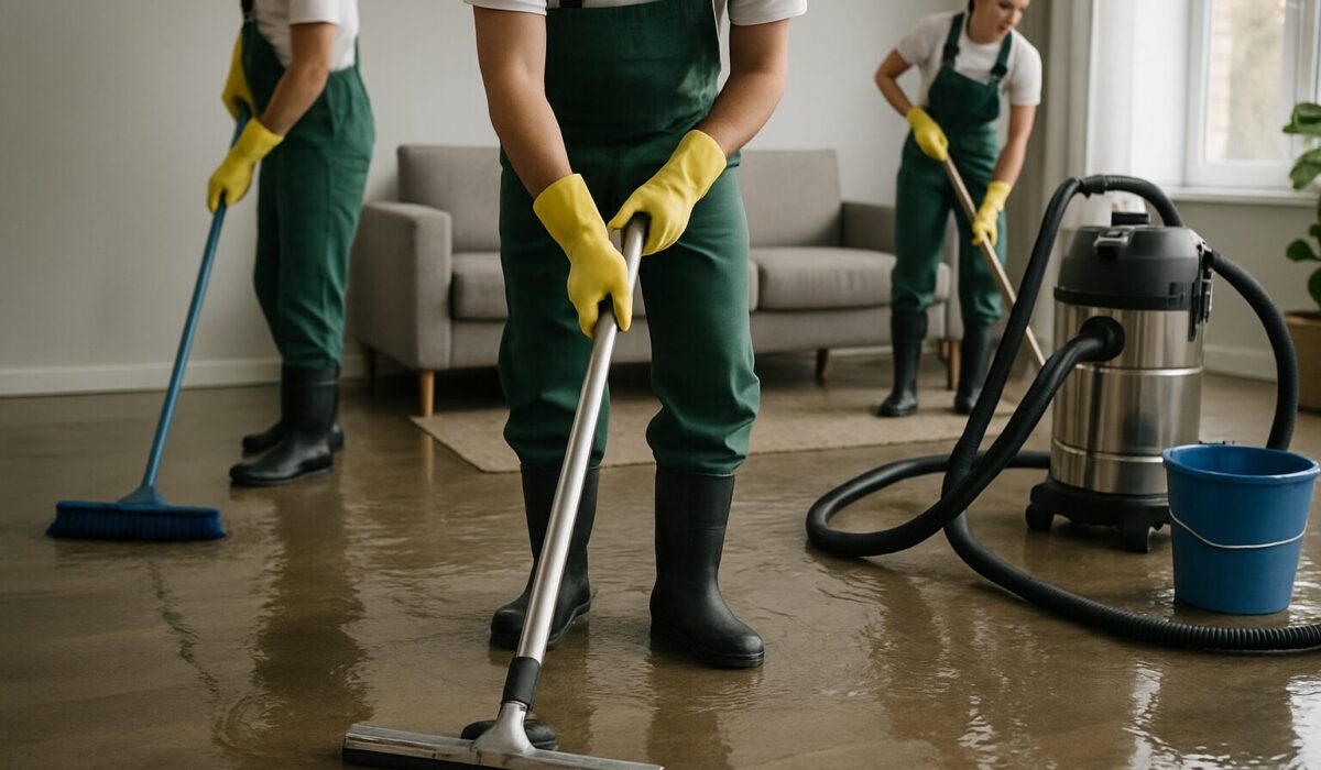 Une équipe de nettoyage retire de l'eau dans un salon inondé.