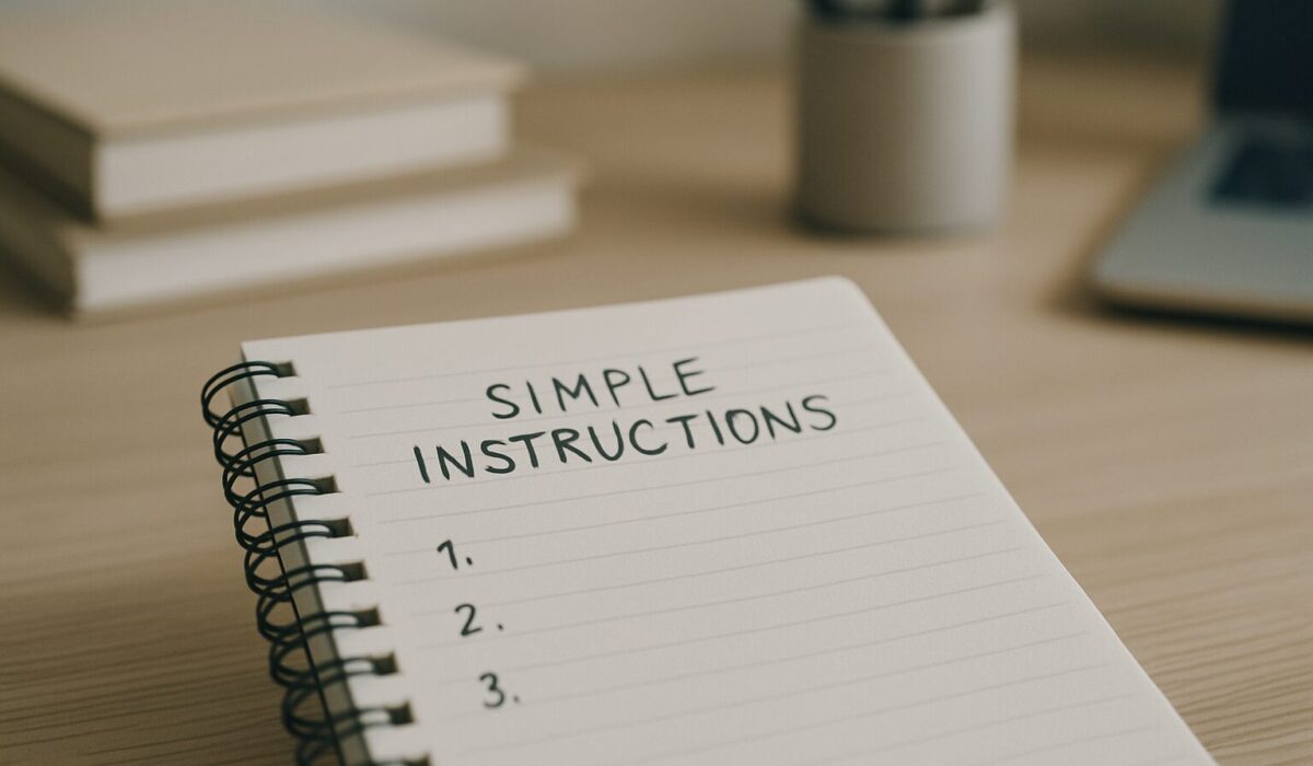 Bloc-notes montrant des consignes simples, éclairé par une lumière naturelle.