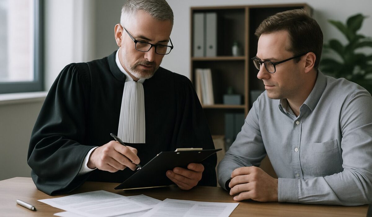 Huissier et propriétaire dans un bureau, documents sur la table, ambiance professionnelle.