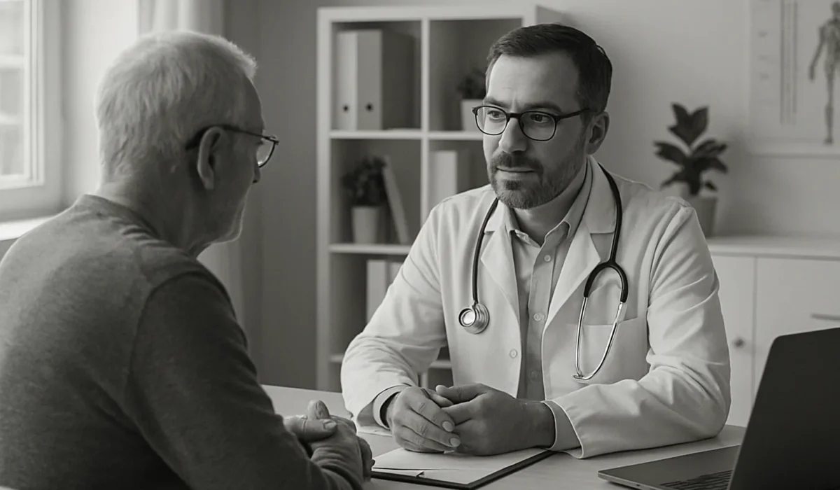 Médecin et patient discutant dans une salle de consultation bien éclairée.