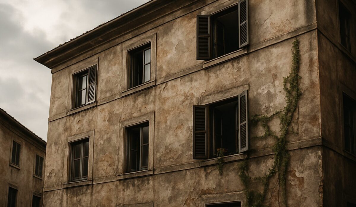 Immeuble ancien avec fenêtres ouvertes, murs décrépits et plantes grimpantes.
