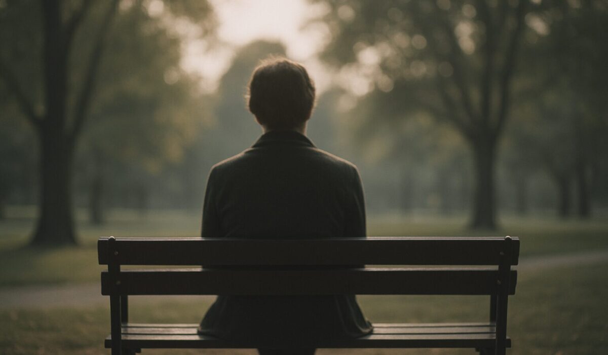 Silhouette floue de dos assise sur un banc, lumière douce, arbres en arrière-plan.