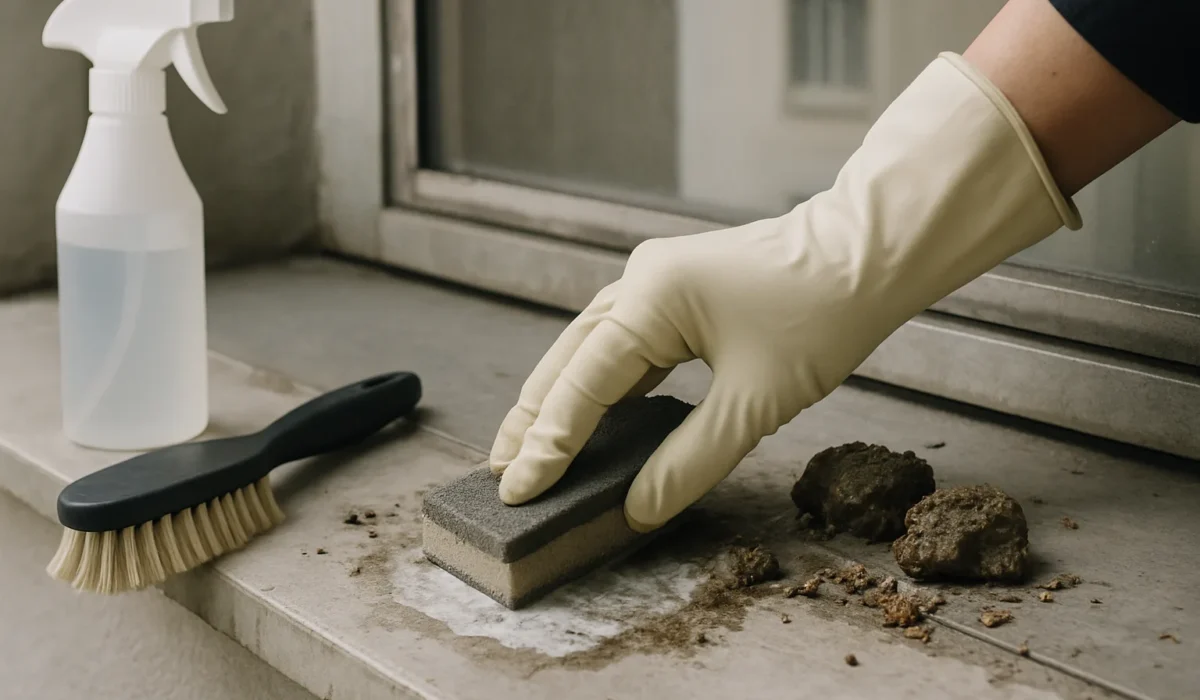 Main gantée nettoyant des fientes de pigeon sur un rebord de fenêtre avec outils à proximité