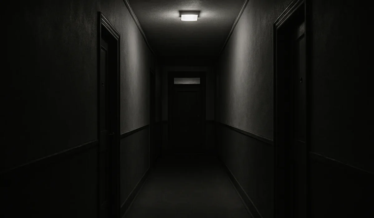 Couloir d'immeuble sombre et étroit, éclairage tamisé, symbolisant l'isolement