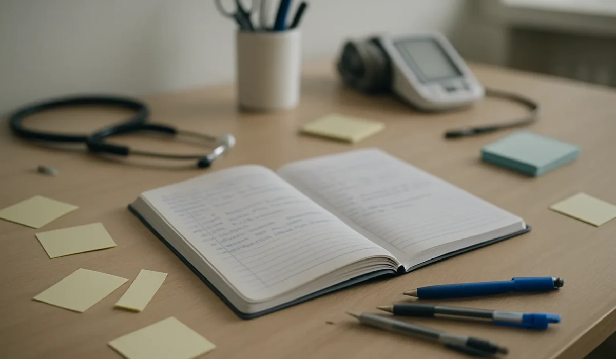 Cahier de liaison ouvert sur un bureau médical avec stylos et notes.