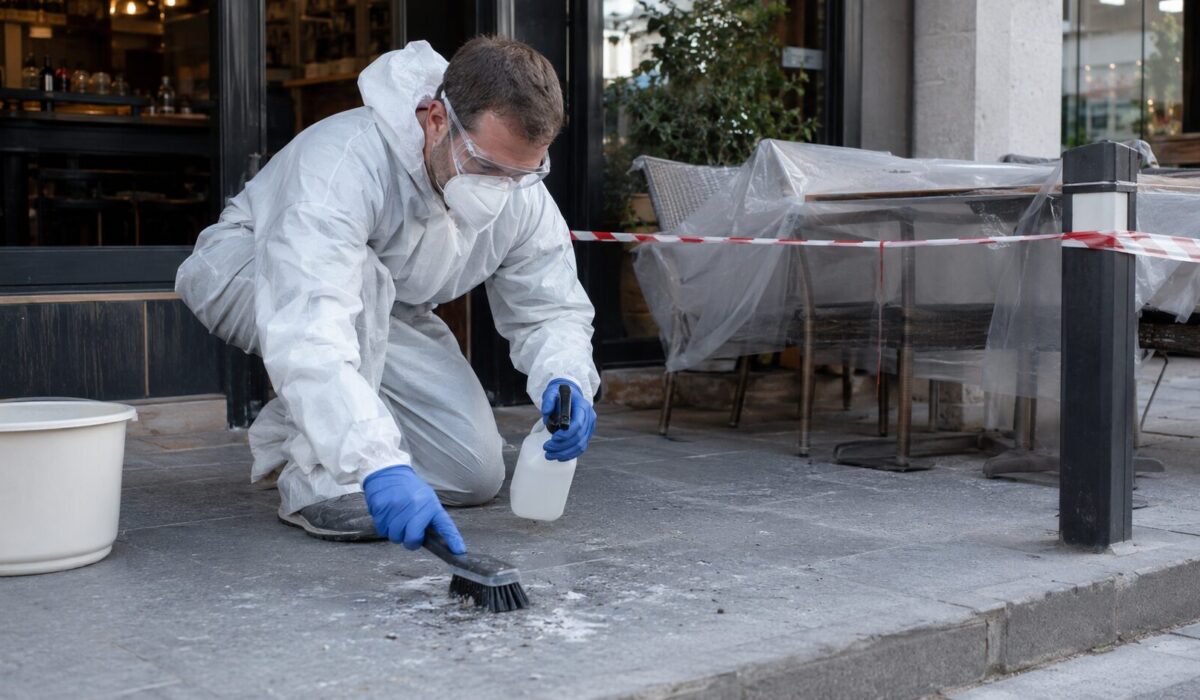 Technicien équipé nettoyant la poussière de guano devant un restaurant avec protection respiratoire et zone sécurisée