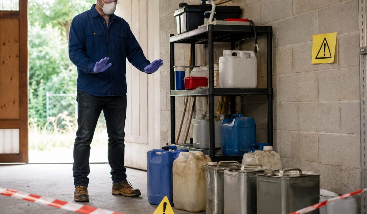 Personne équipée de gants, lunettes et masque de protection face à des bidons sans étiquette contenant des produits chimiques inconnus dans un garage sécurisé.