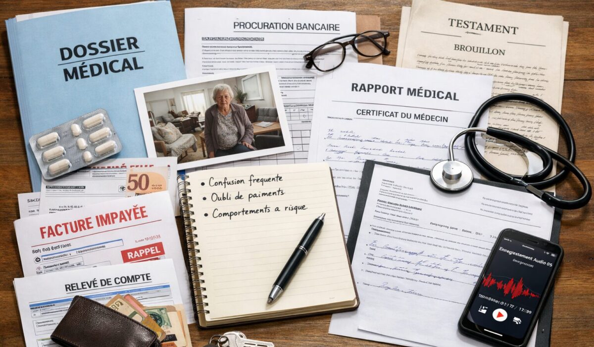 Documents justificatifs pour appuyer une demande de mesure de protection juridique avec dossier médical, relevés de compte, facture impayée et notes manuscrites