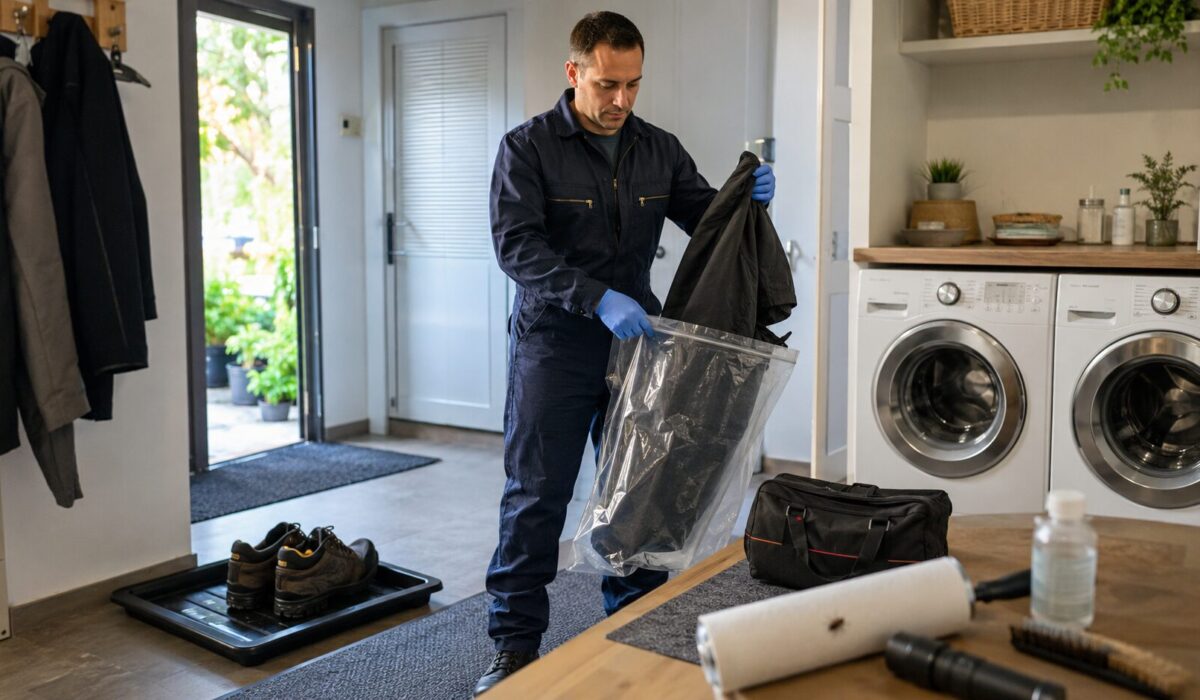 Homme inspectant ses vêtements et isolant ses affaires après une intervention pour éviter de ramener des punaises de lit chez lui