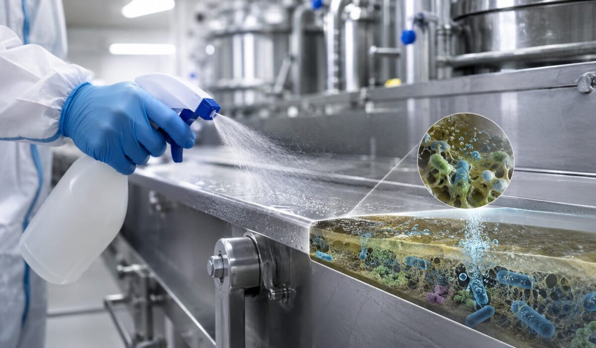 Technicien désinfectant une surface industrielle en inox avec visualisation d’un biofilm bactérien en profondeur