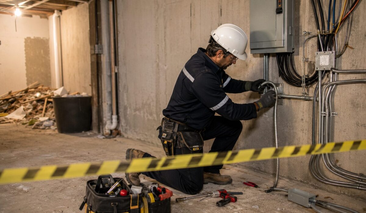 Électricien sécurisant des circuits électriques exposés après le dégagement d’un amas de déchets dans un sous-sol