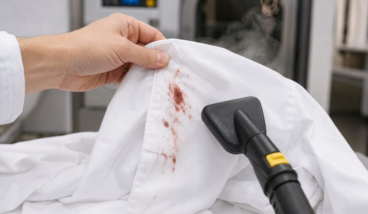 Nettoyeur vapeur approché d’une tache de sang sur un tissu blanc, illustrant le risque de fixer les taches protéiques par la chaleur
