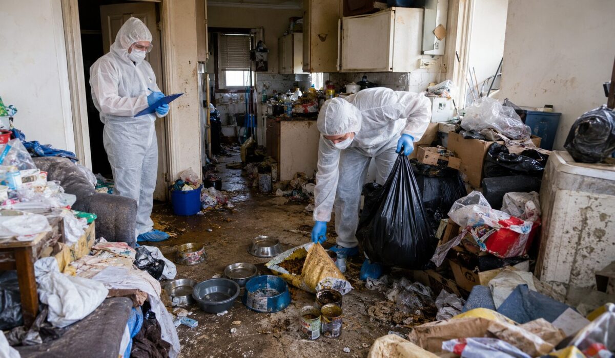 Intervention de nettoyage dans un logement Diogène avec nourriture pour animaux pourrie, déchets, gamelles souillées et agents équipés de protections sanitaires.