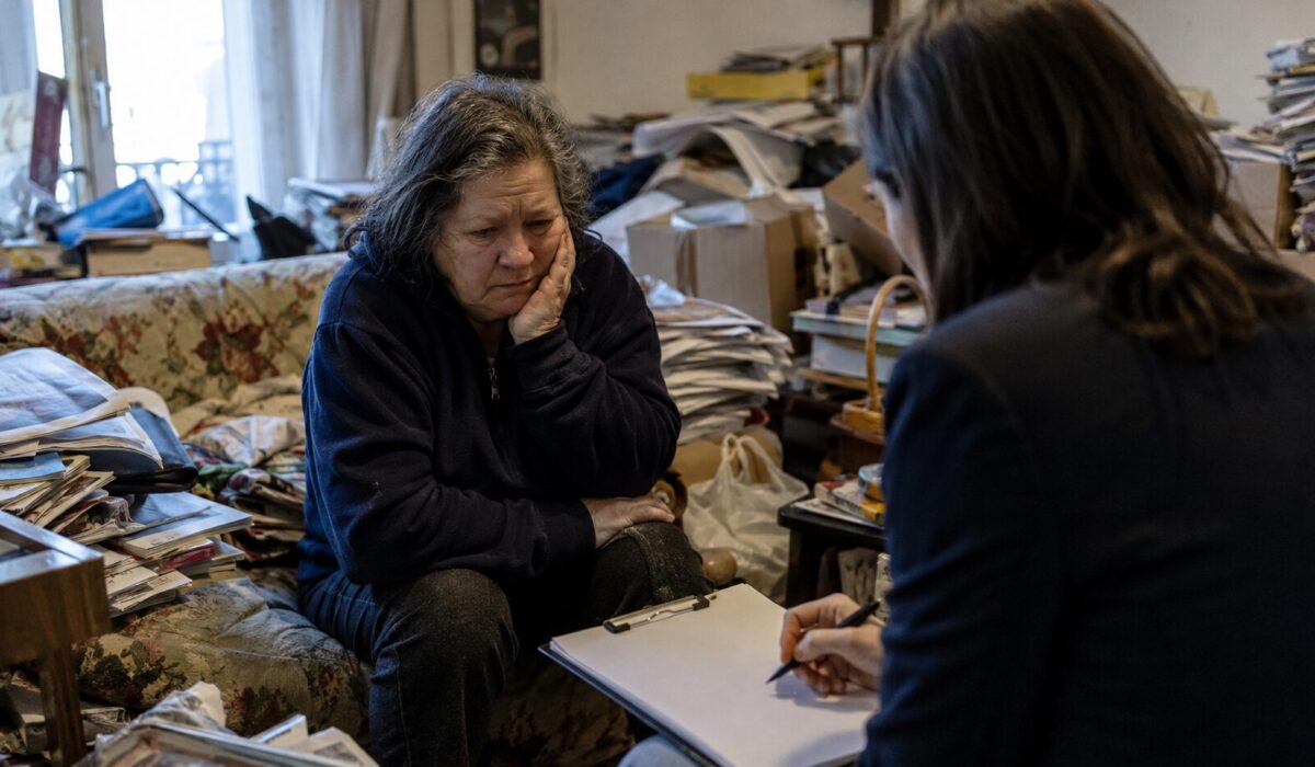 Personne en détresse accompagnée par une professionnelle dans un logement encombré évoquant un syndrome de Diogène