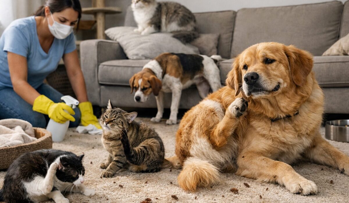 Traitement d’une infestation de puces dans un foyer avec de nombreux chiens et chats