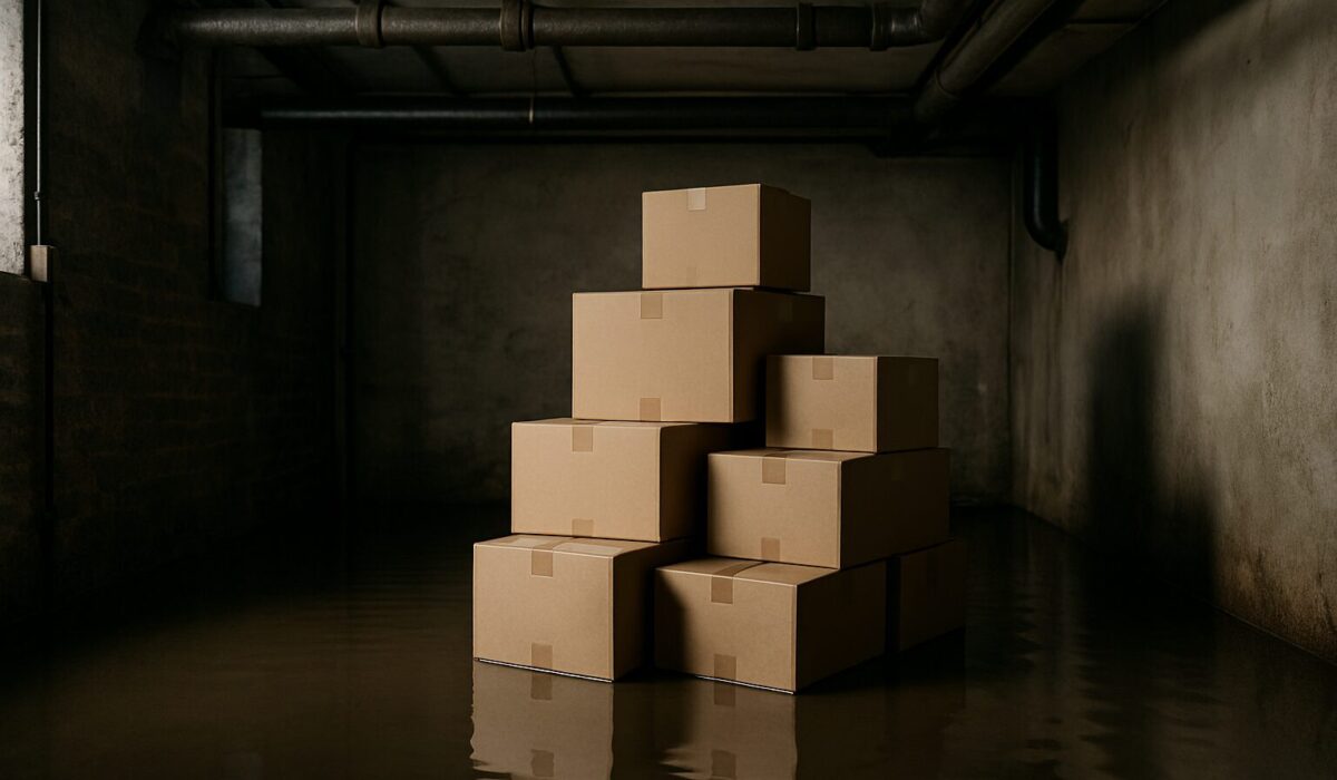 Sous-sol inondé avec eau stagnante et cartons empilés, lumière tamisée.