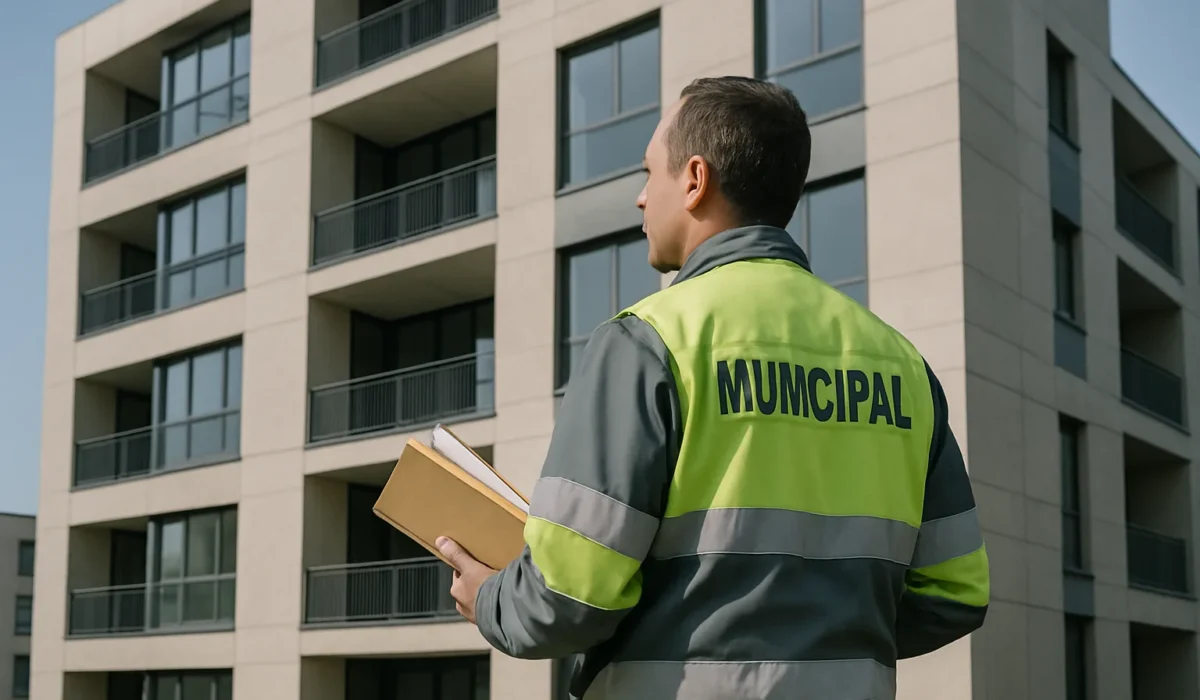 Façade d'immeuble moderne avec employé municipal tenant des dossiers.