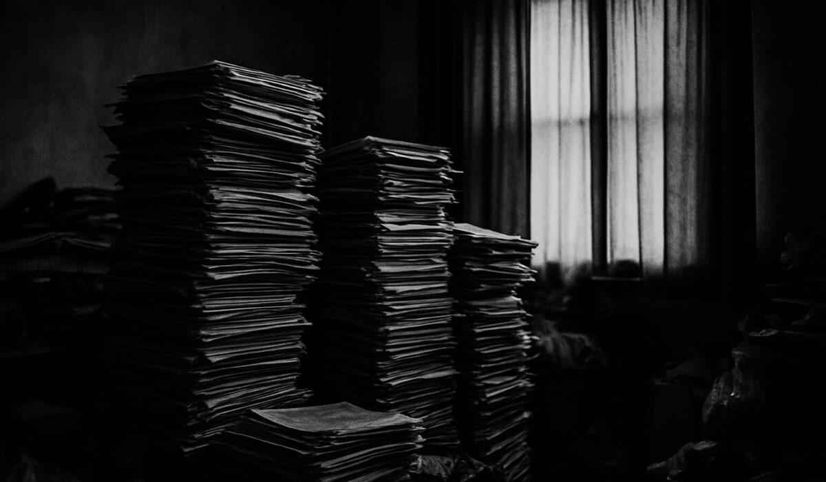 Appartement encombré avec piles de journaux et rideaux opaques, ambiance sombre