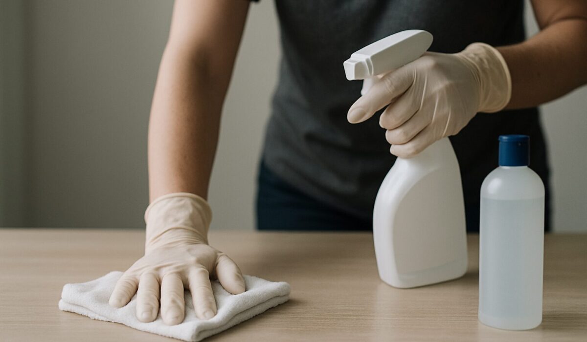 Nettoyage après un décès avec des gants et produits désinfectants sur une table