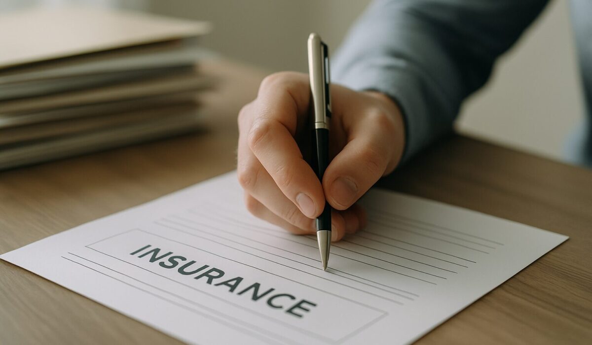 Main tenant un stylo au-dessus d'un formulaire d'assurance, dossiers en arrière-plan.