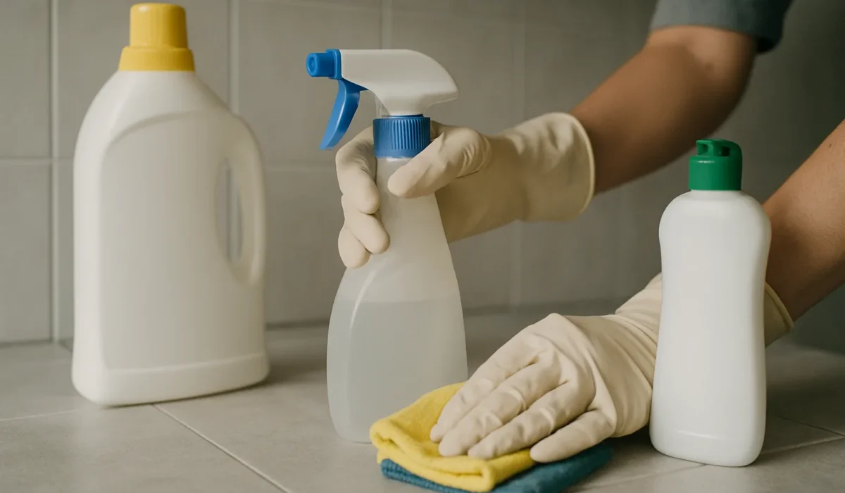 Mains en gants de caoutchouc utilisant des produits et outils de nettoyage spécifiques.