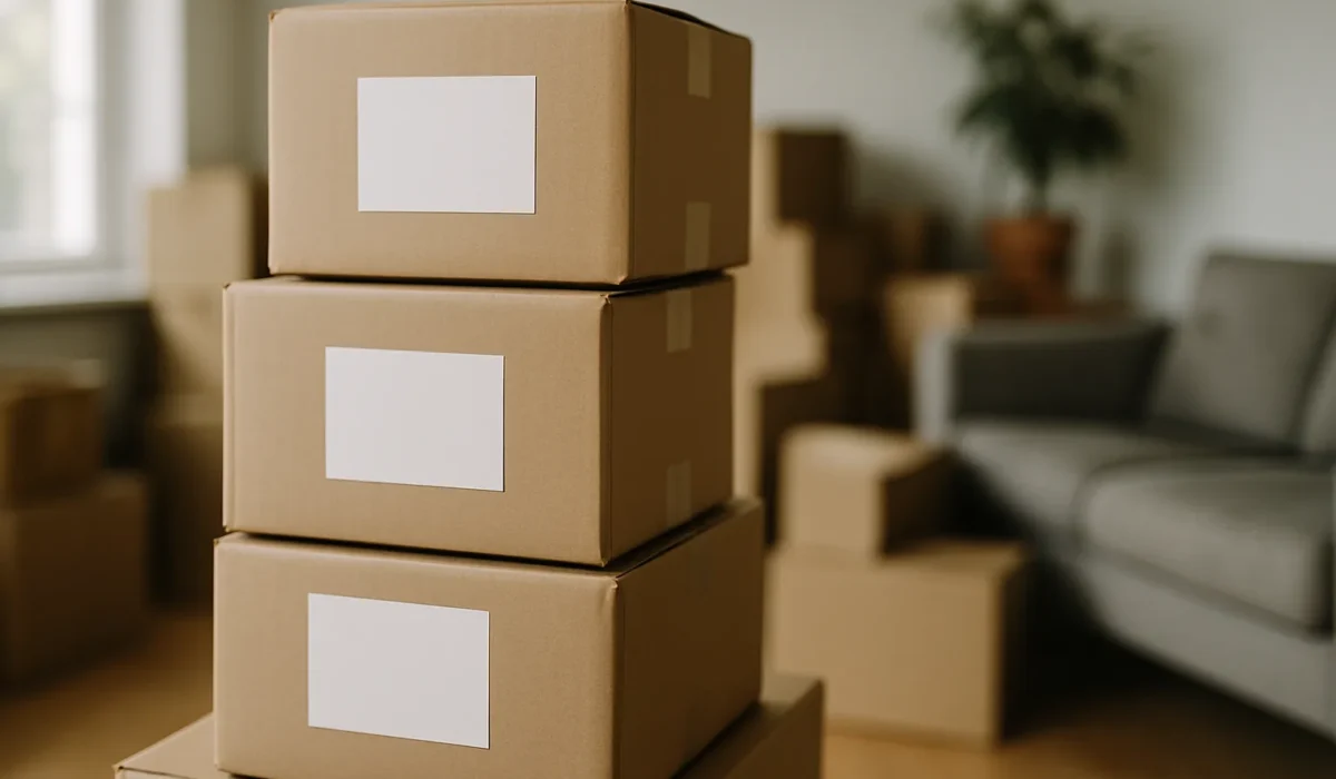 Boîtes en carton empilées avec des étiquettes dans un salon encombré
