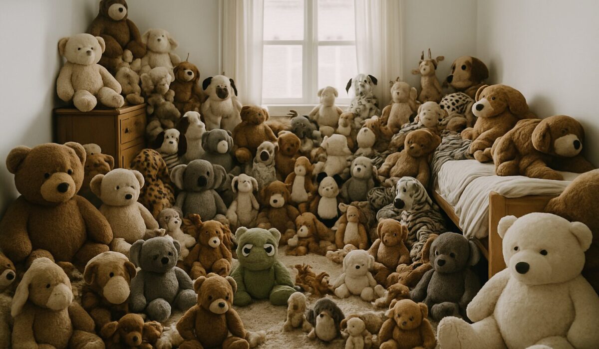 Une pièce encombrée d'animaux en peluche, éclairée par une lumière douce.