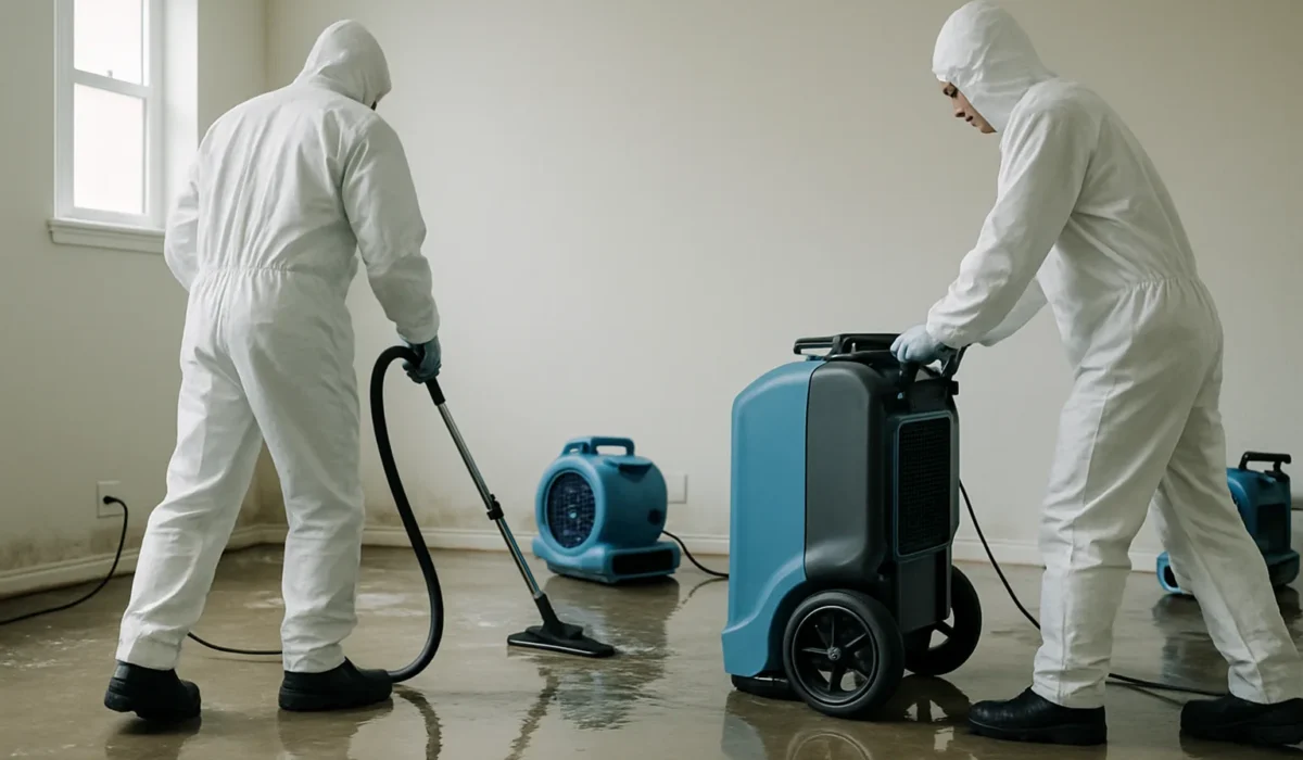 Ouvriers utilisant des équipements de séchage et de nettoyage dans une pièce inondée.