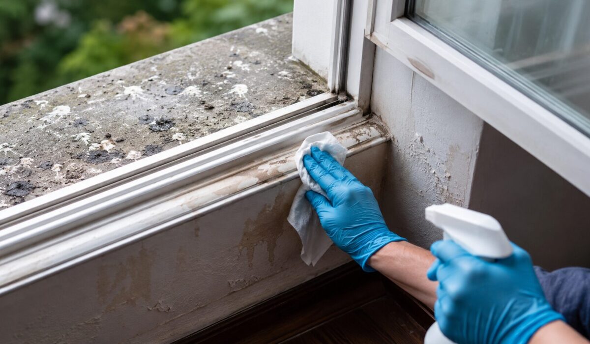 Personne avec des gants nettoyant un rebord de fenêtre souillé par des fientes d’oiseaux avec traces d’infiltration à l’intérieur