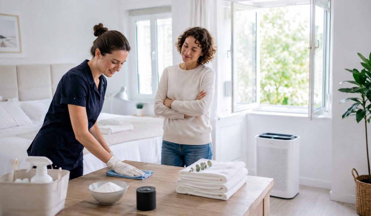 Professionnelle du nettoyage utilisant des méthodes sans parfum dans une chambre lumineuse pour réduire les odeurs et protéger les clients sensibles ou allergiques.