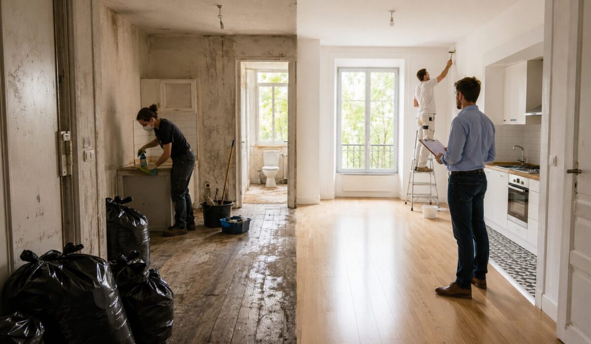 Remise en état d’un logement après débarras insalubre avec nettoyage, rénovation et contrôle avant relocation