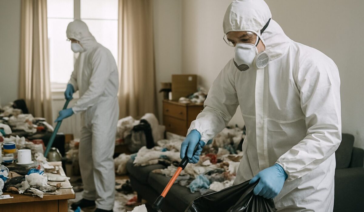 Deux techniciens en combinaison nettoient un appartement encombré, lumière neutre.