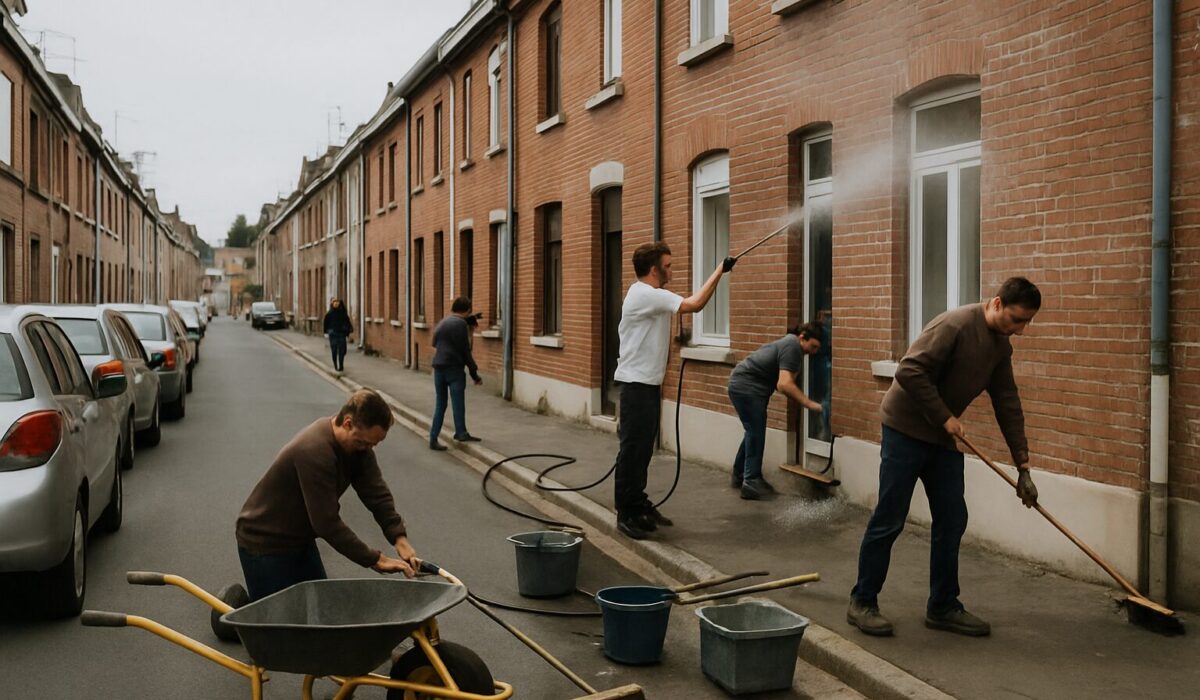 Scène de travail, équipe de nettoyage à l'œuvre dans une rue à Armentières.