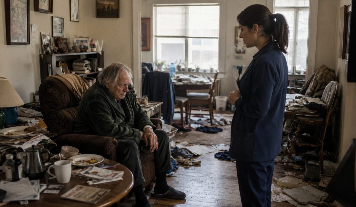 Patient âgé en situation d’incurie assis dans un logement encombré avec une professionnelle de santé attentive à ses difficultés du quotidien