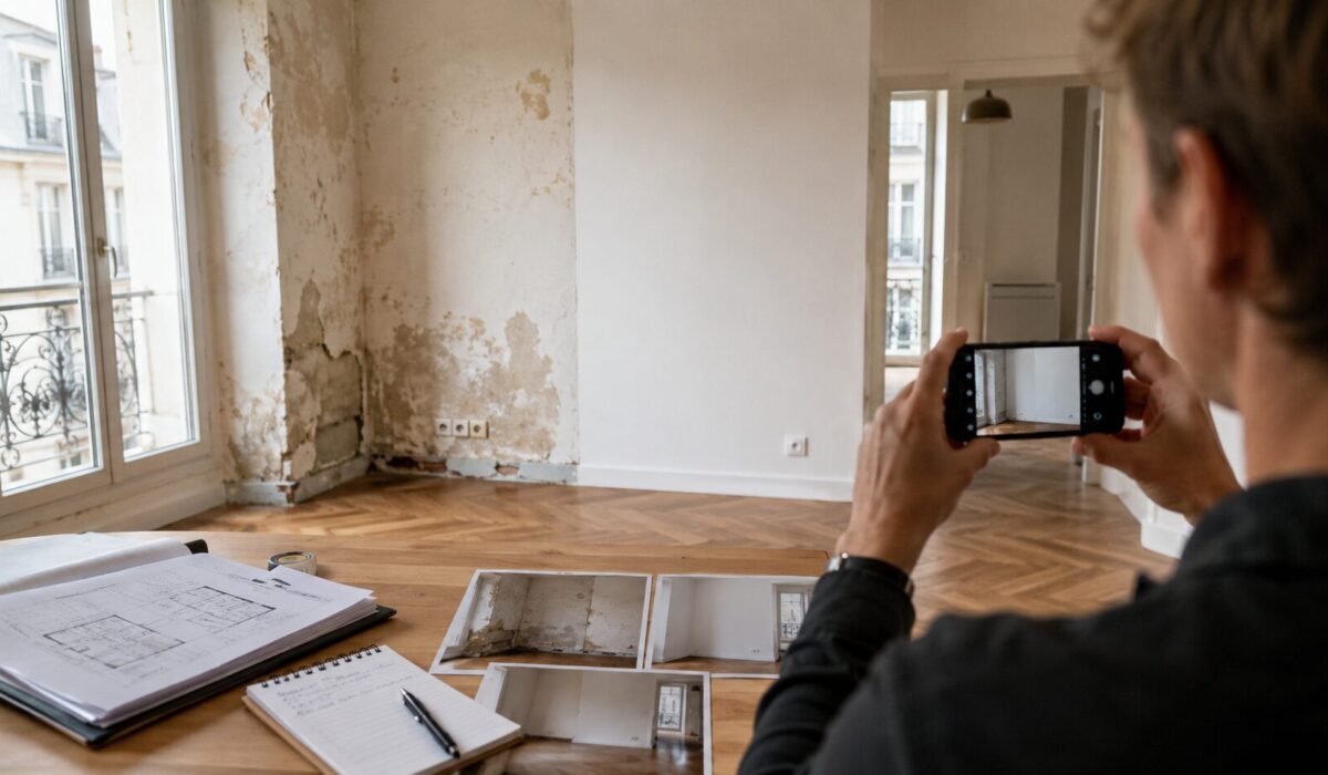 Personne réalisant un reportage photo avant/après dans un appartement pour documenter des travaux et constituer un dossier exploitable par une assurance, un bailleur ou un notaire