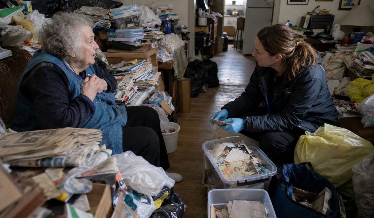 Résidente âgée discutant avec une professionnelle dans un logement très encombré afin de trier les déchets majoritaires tout en préservant les objets importants.