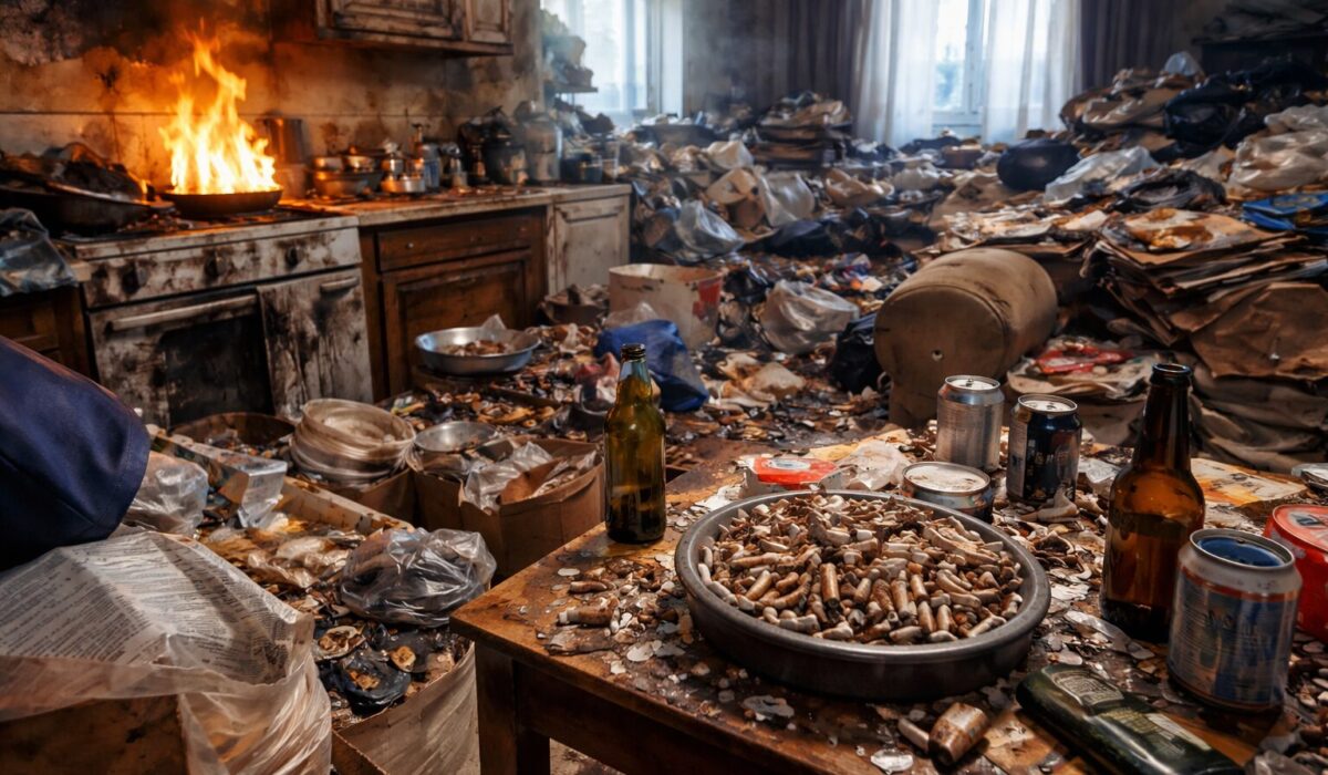 Logement en incurie très encombré avec mégots accumulés et départ de feu sur une plaque de cuisson