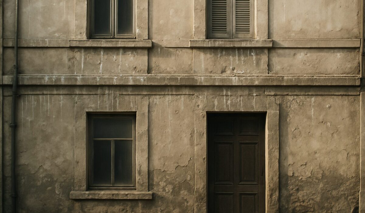 Une vieille façade urbaine avec des fientes de pigeon visibles, éclairée par la lumière du matin.