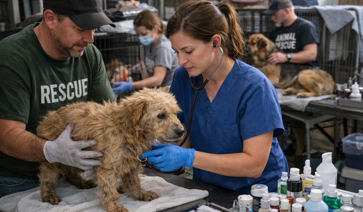 Vétérinaire et équipe associative prenant en charge un chien secouru après une saisie d’animaux