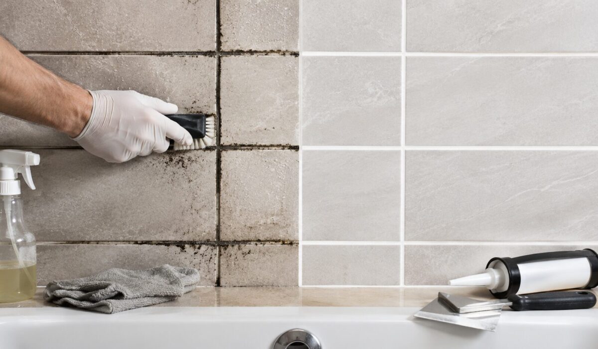 Comparaison entre des joints de carrelage noircis en cours de nettoyage et des joints remplacés propres dans une salle de bain