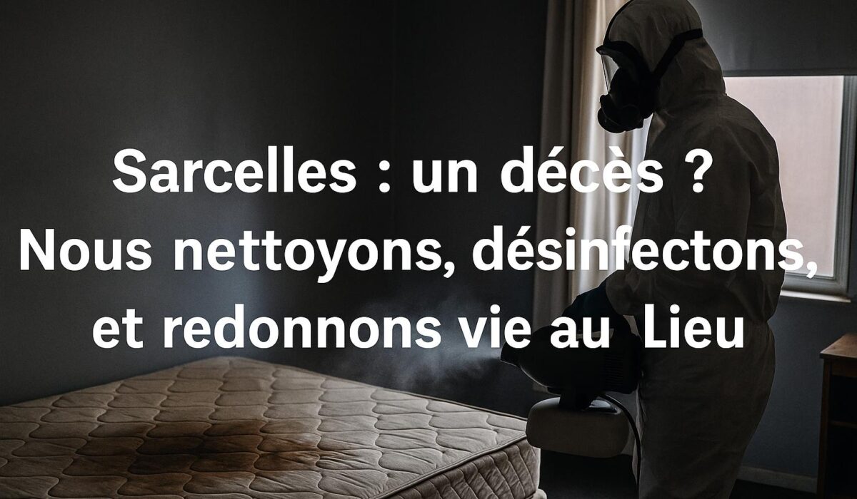 Technicien en combinaison désinfectant un logement à Sarcelles après un décès, avec matelas taché visible et titre intégré dans l’image