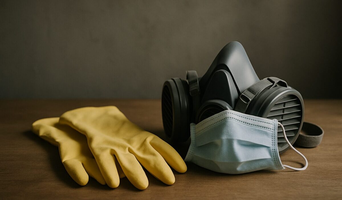 Gants en caoutchouc et masque respiratoire sur une table, éclairage latéral