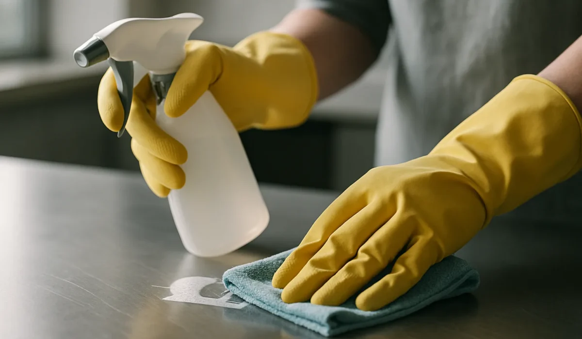 Mains gantées manipulant des produits de nettoyage sur une surface métallique