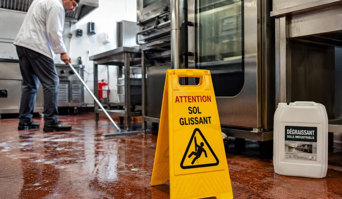 Agent nettoyant un sol gras dans une cuisine professionnelle avec panneau sol glissant et bidon de dégraissant