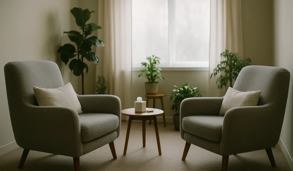 Salle de thérapie avec fauteuils confortables, plantes et lumière douce