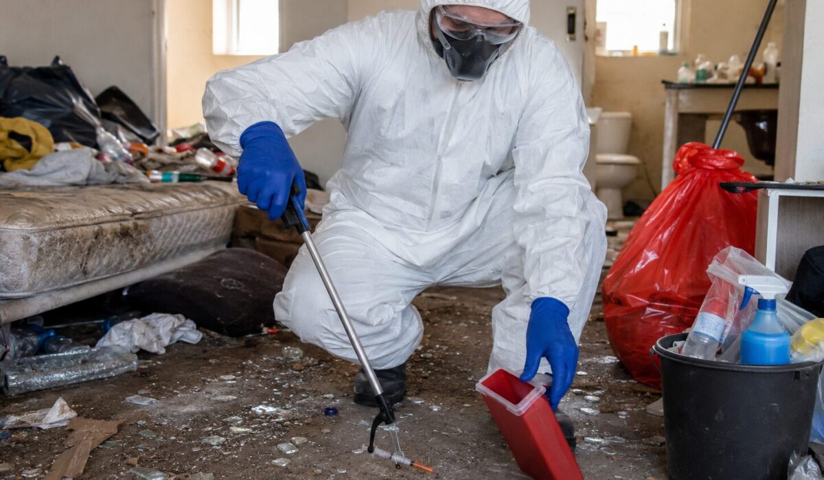 Professionnel en combinaison de protection nettoyant un logement insalubre après présence de squatteurs avec seringue, déchets et risques biologiques