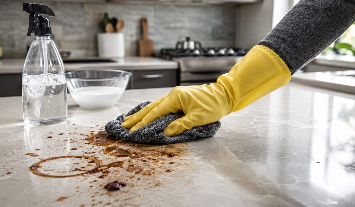 Main avec gant jaune nettoyant une surface de cuisine collante avec des traces de soda séché et d’aliments renversés