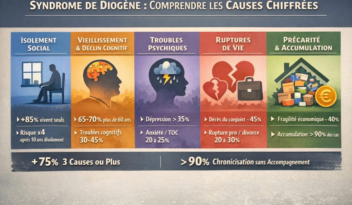 Infographie horizontale présentant les principales causes du syndrome de Diogène à travers des chiffres clés, incluant l’isolement social, le vieillissement, les troubles psychiques, les ruptures de vie et la précarité.